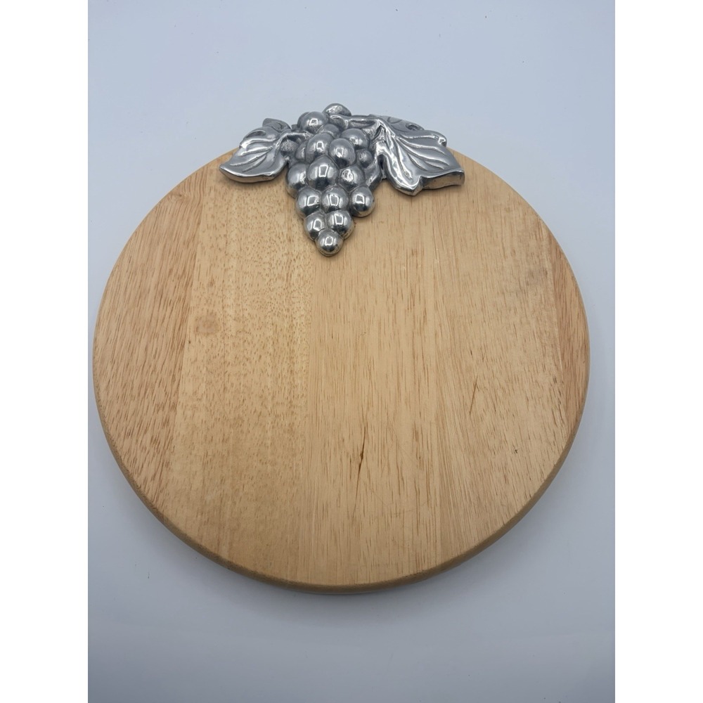 Cutting Board Serving Platter Round Wood Metal Grape Cluster Trim 12" Round